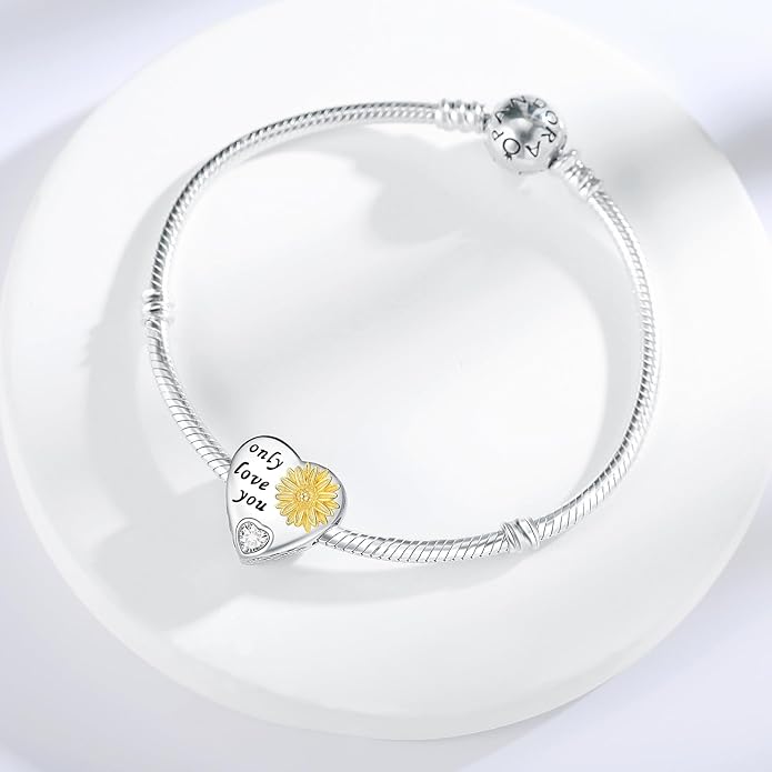 925 Sterling Silver Sunflower Charms Fit Pandora Charms Bracelet Forever In My Heart Fit Wife Mother's Day Christmas Birthday Gift