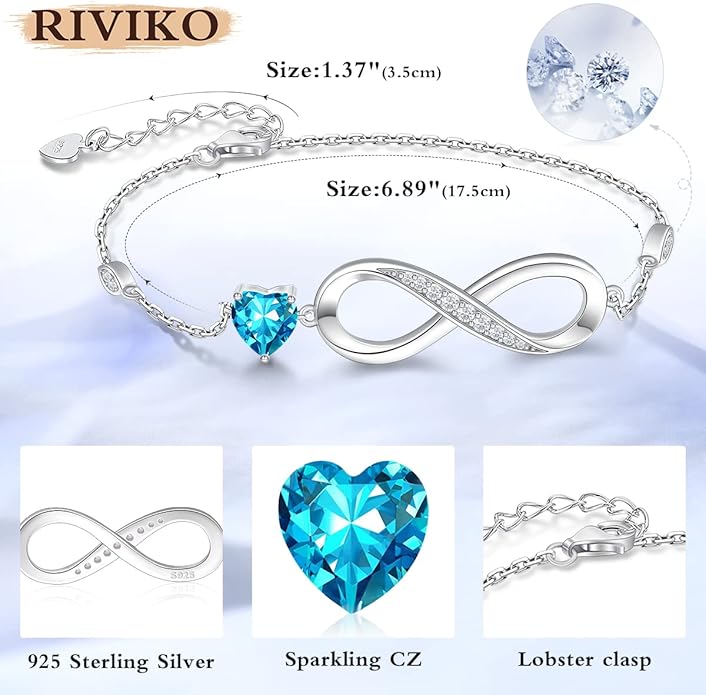 RIVIKO Infinity Love Heart Symbol Charm Bracelet for Women 925 Sterling Silver Adjustable Birthday Valentine’s Day Christmas Mothers Day Jewelry Gift for Mom Women Wife Her Friends