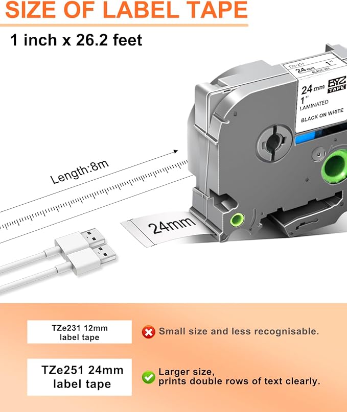 UNOKA 24mm .94 Laminated White Tz Tape Replace for Brother Label Maker Tape TZe-251 151 451 551 651 751, for Ptouch PT-D610BT PT-D610BTVP PTD600 PTP700 PTP710BT PTP910BT, 0.13-0.94 3.5-24mm, 6PK