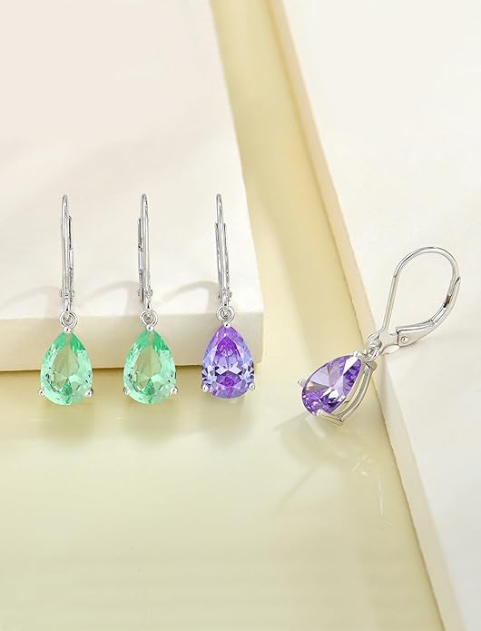 YL 925 Sterling Silver Teardrop Dangle Drop Earrings for Women 7x10 MM Solitaire Birthstone Leverback Jewelry
