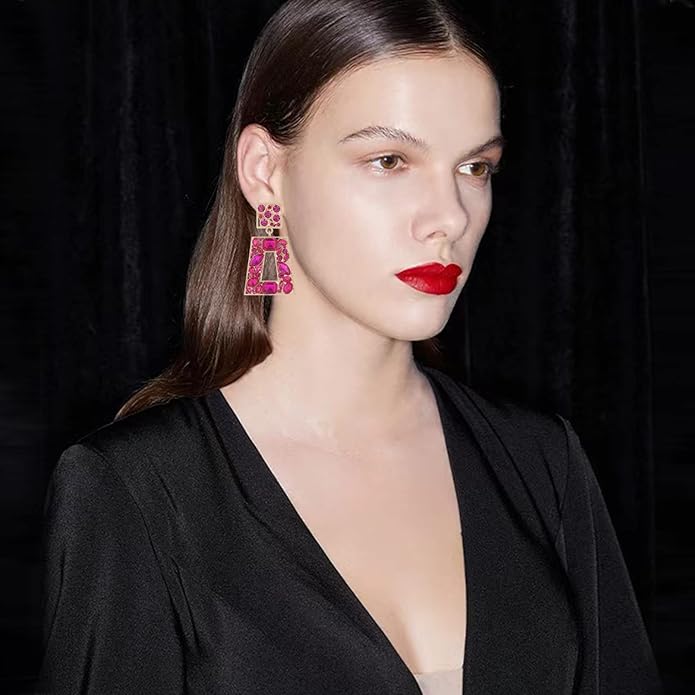 Rhinestone Rectangle Statement Earrings Colorful Crystal Geometric Drop Dangle Earrings for Women Prom Party