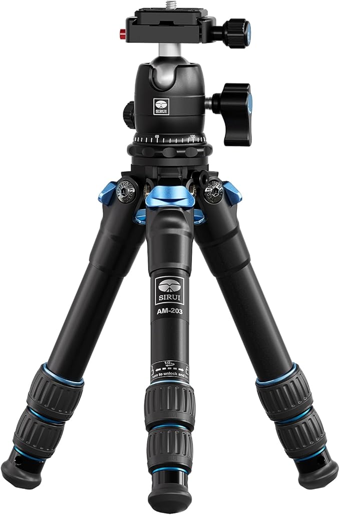 SIRUI AM203 Mini Travel Tripod with 360° B00K Ball Head, Lightweight Aluminum Tripod for Travel and Tabletop Use, Max Load 20lbs/10KG, Folded Height 11.4”, Max Height 16.7”