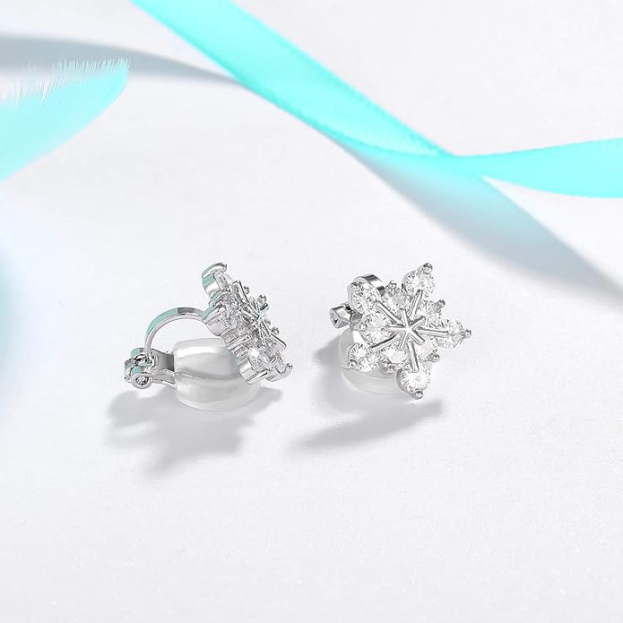 SELOVO Snowflake Flower Zircon Cubic Zirconia Clip on Stud Earrings for Women