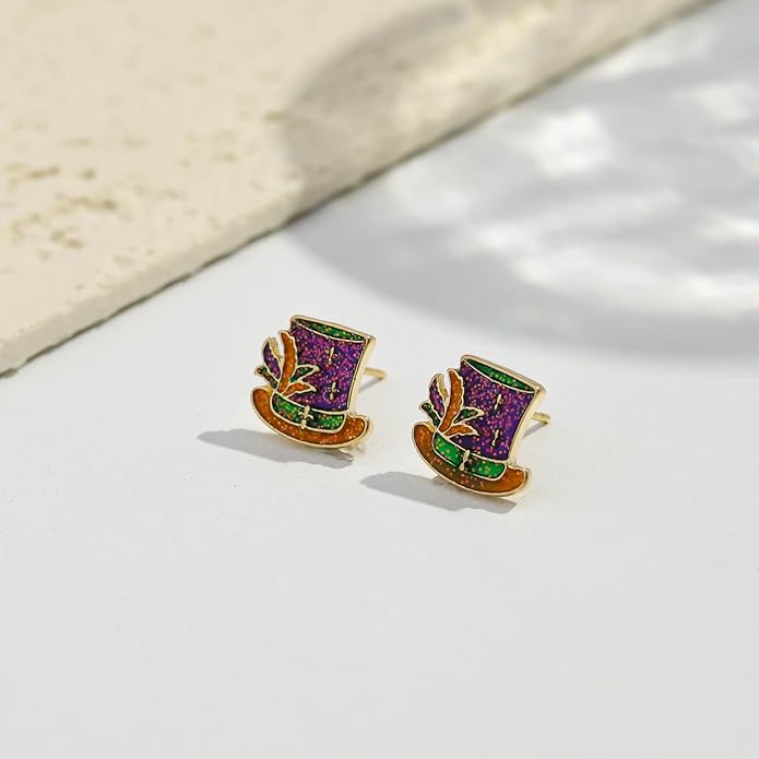MardiGras Stud Earrings for Women Glitter Delicate Compact Flower Mask Hat Lips Stud Earring Charm Green Purple Gold Carnival Earring Cute MardiGras Jewelry Accessories for Women