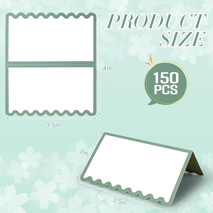 150 PCS Sage Green Scalloped Place Cards 2 x 3.5 Inch Blank Tented Place Card Name Cardstock Seat Assignment Label Card Reserved Table Seating Signs for Birthday Party Wedding Setting