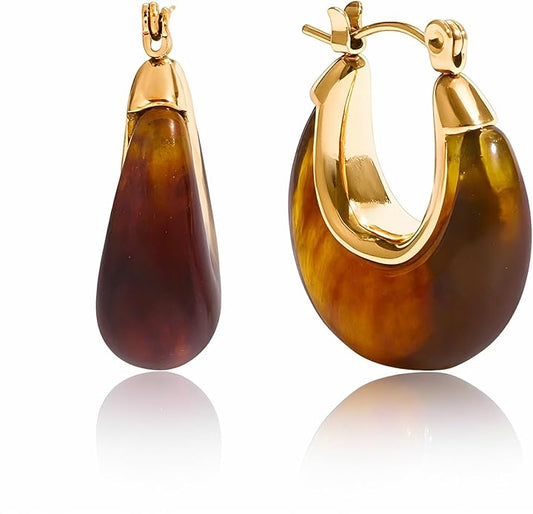 Fullpop Vintage Earrings for Women, Chunky 14K Gold Plated Resin Hoop Earrings Lightweight Hollow Drop Earrings Hypoallergenic Earrings for Women Vintage Anthropologie Jewelry Gifts for Women