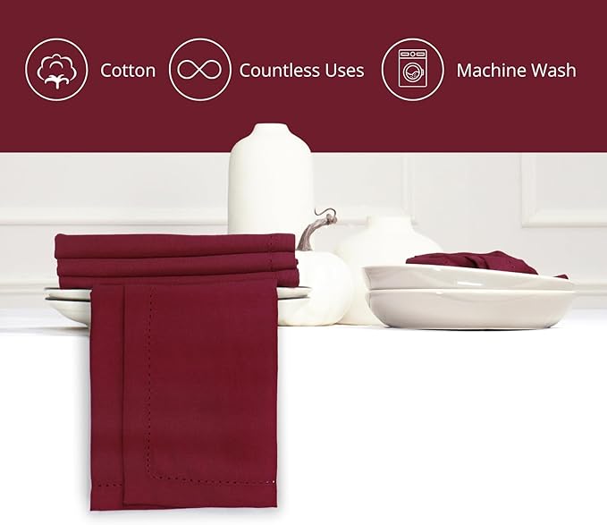 PurpleEssences Set of 6 Hemstitch Cloth Dinner Napkins 100% Cotton - Soft Durable Washable - Ideal for Wedding Christmas Holiday Winter - Perfect Everyday Use Table Linen 18x18 - Burgundy