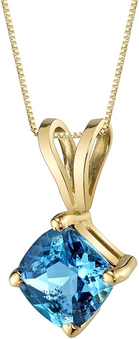 PEORA 14K Yellow Gold Swiss Blue Topaz Pendant, Genuine Gemstone Classic Solitaire, Cushion Cut, 6mm, 1 Carat total, Blue Gemstone Necklace, December Birthstone Gold Necklace, w/Jewelry Box