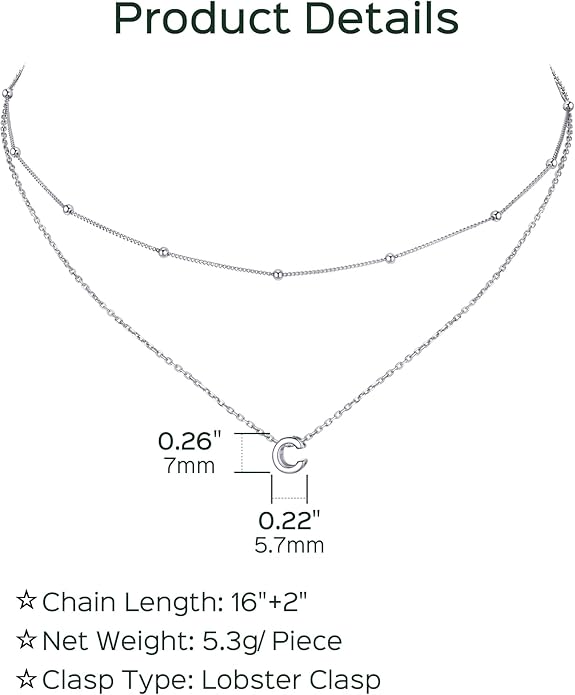 ChicSilver Layered Initial Necklace for Women, 925 Sterling Silver Personalized Letter A-Z Pendant Necklaces, Hypoallergenic Silver Choker with Adjustable 16" Rolo Chain, Dainty Birthday jewelry