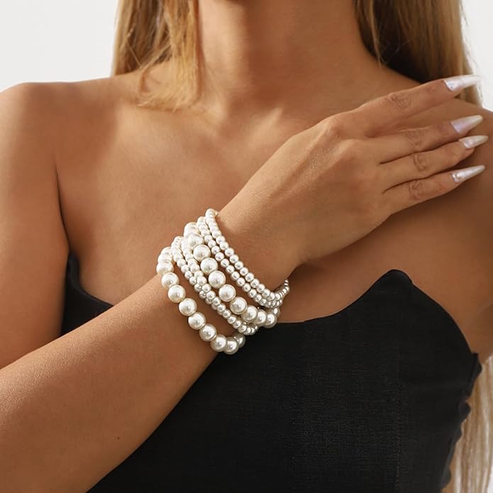 Sither 6 Pack Pearls Bracelets for Women Pearls Bracelets Set Boho Jewelry for Halloween Prom Party Christmas Gift