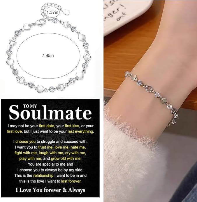 To My Soulmate Bracelet for Women, Heart Chain Bracelet with Shiny Stones, Perfect Birthday or Anniversary Christmas Gift for Soulmate with Message Card and Gift Box