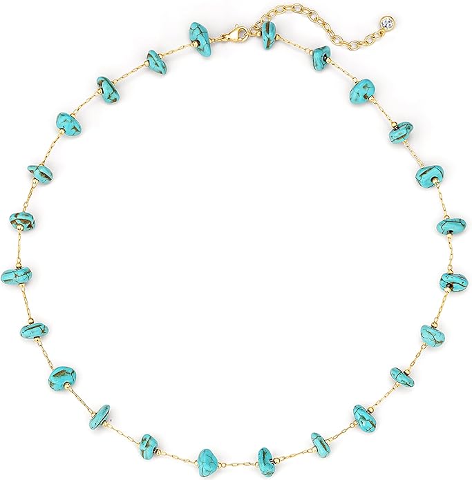 Created Turquoise Necklace for Women 14K Gold Plated Beaded Heart Choker Boho Necklaces Handmade Beach Summer Everyday Western Jewelry Gifts