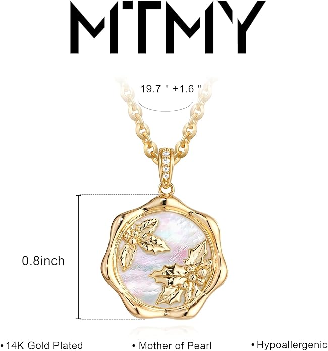 MTMY Birth Flower Necklace 14K Gold Plated Mother of Pearl Disc Birth Month Flower Pendant Necklaces for Women Personalized Custom Floral Jewelry Birthday Gift