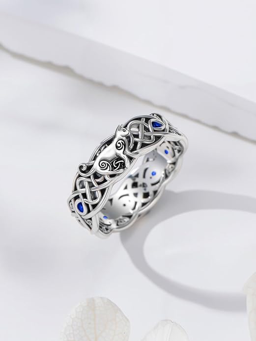 Seiyang Celtic Cat Ring 925 Sterling Silver Irish Trinity Knot Celtic Cat Wedding Promise Ring with 12 Months Birthstone Irish Lucky Jewelry Gifts for Women Mom Her