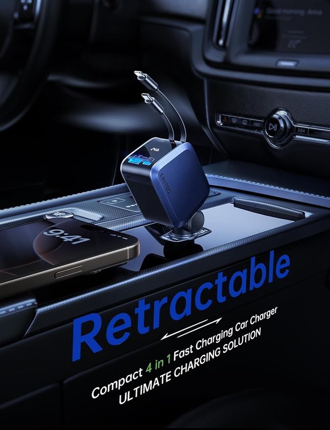Retractable Car Charger, Car Accessories, 72W Fast Charging USB C Car Charger with 4FT Retractable Cables and 2 Ports, for iPhone 16 15 14 13 12, Samsung etc Dark Blue