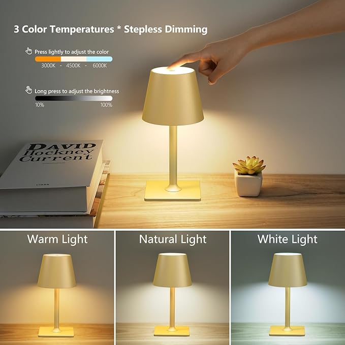 2 Pack Rechargeable Table Lamps, Gold Cordless Lamps - Battery Operated Touch Lamp, Outdoor Table Lights, Waterproof, Wireless, Portable Desk Lamp for Restaurant, Bedroom, Patio(Gold)