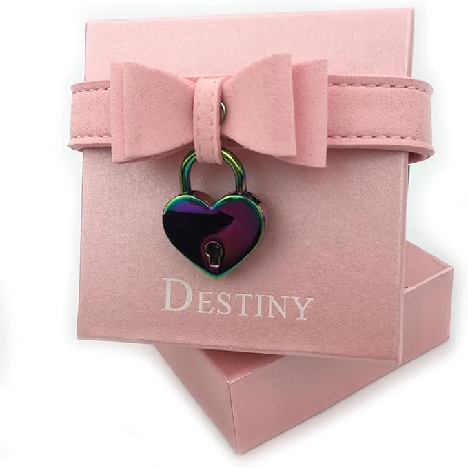 Destiny Love Bell Padlock Choker Collar Necklace Lolita Bow Collar Cat Kitty Velvet Necklace with Heart Lock and Key with Box for Women and Men