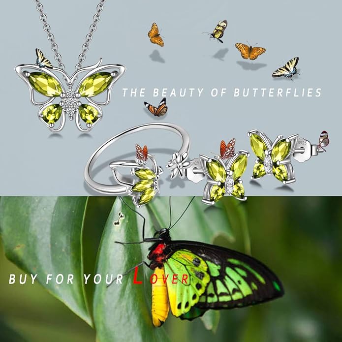 925 Sterling Silver Birthstone Butterfly Jewelry Women Crystal Animal Cute Butterflies Birthday Necklace/Earring/Ring/Bracelet Sets Birth Stone Statement Anniversary Jewellery