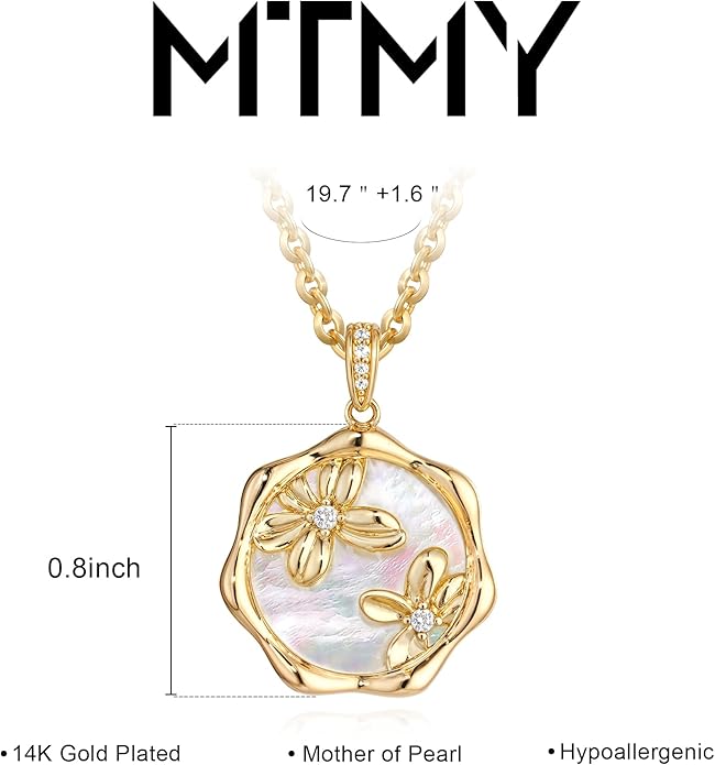 MTMY Birth Flower Necklace 14K Gold Plated Mother of Pearl Disc Birth Month Flower Pendant Necklaces for Women Personalized Custom Floral Jewelry Birthday Gift