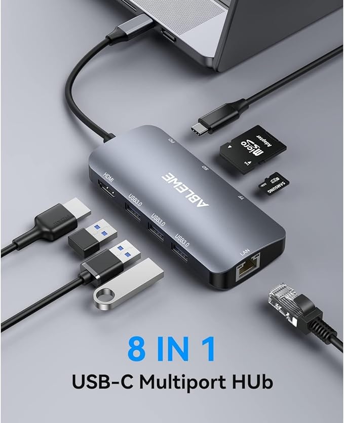 ABLEWE USB C Hub Ethernet, 8 in 1 Multiport USB C to HDMI Adapter 4K@60Hz,1000Mbps, 100W PD, SD/TF Card Reader, 3 USB 3.0 Ports, Docking Station Compatible for MacBook, Tablet, Phone, Type C Devices