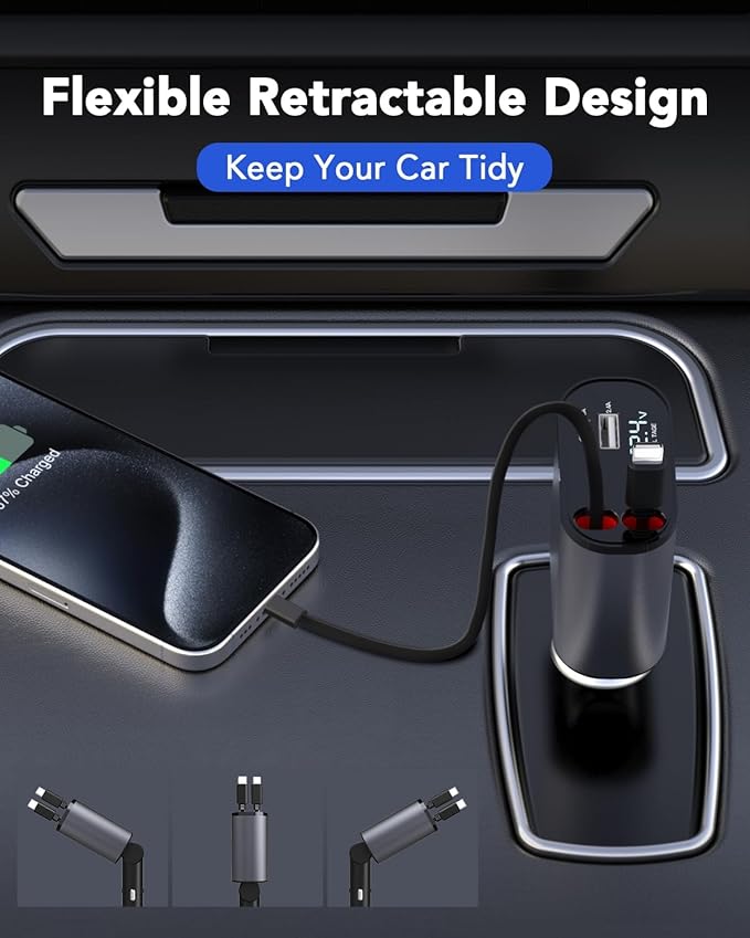 Retractable Car Charger, 4 in 1 Fast Charging 69W, Cigarette Lighter Adapter 2 Retractable iPhone Cables and USB Car Charger,Compatible with iPhone 15/14/13/12/11,Galaxy,Pixel