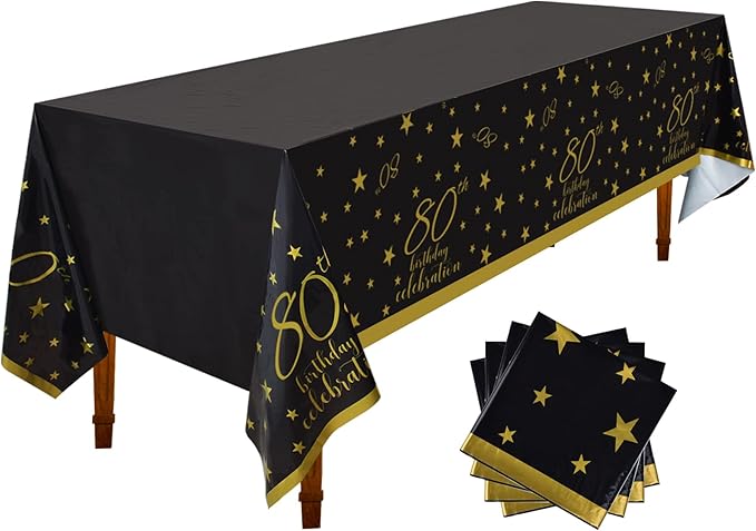 Gatherfun 80th Birthday Disposable Tablecloth 4 Pack Gold and Black Waterproof Plastic Table Cover for Men Woman 80 Birthday Party Decorations
