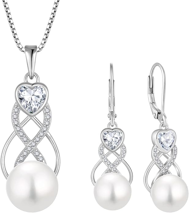 Pearl Earrings Necklace Jewelry Set for Women 925 Sterling Silver Heart Simulated Diamond Freshwater Pearl Jewelry Gift for Her