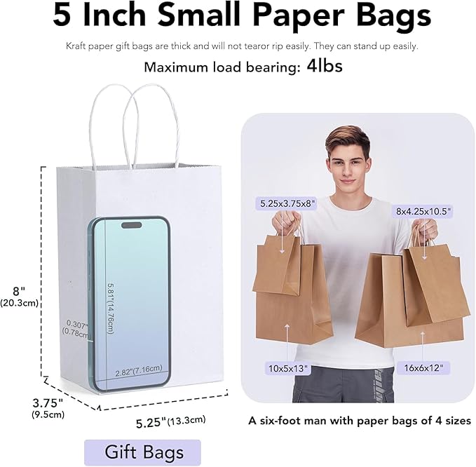 GSSUSA White Gift Bags 5.25x3.75x8 600Pcs, Paper Bags with Handles Bulk for Small Business