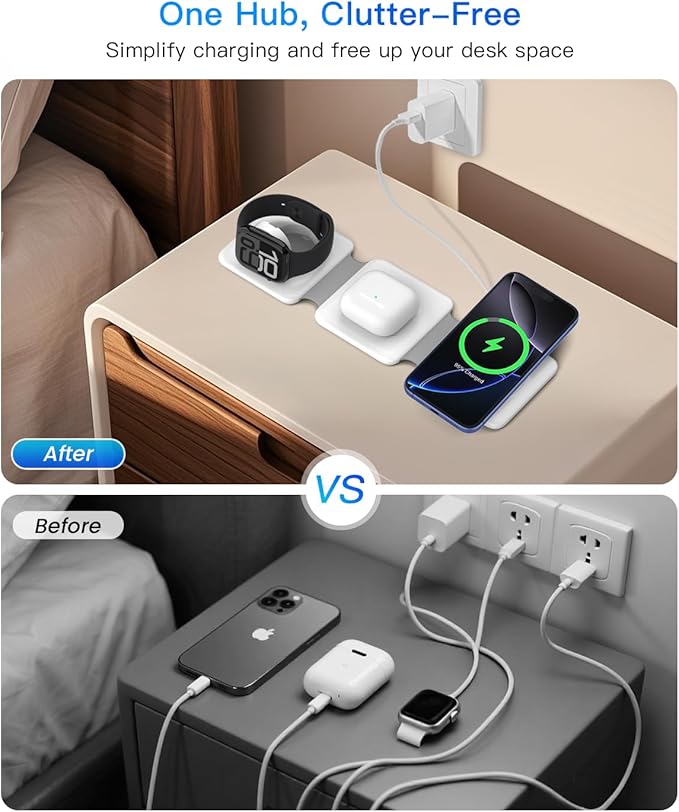 Charging Station for Apple Multiple Devices - 3 in 1 Foldable Magnetic Wireless Charger Dock - Travel Charging Pad for iPhone 16 15 14 13 12 Pro Max Plus Watch & Airpods