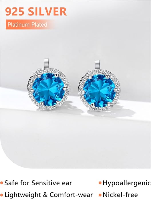 Silvora 925 Silver 8MM Cubic Zirconia Birthstone Clip On Stud Earrings Round Non Pierced Earrings For Women,Come with Box
