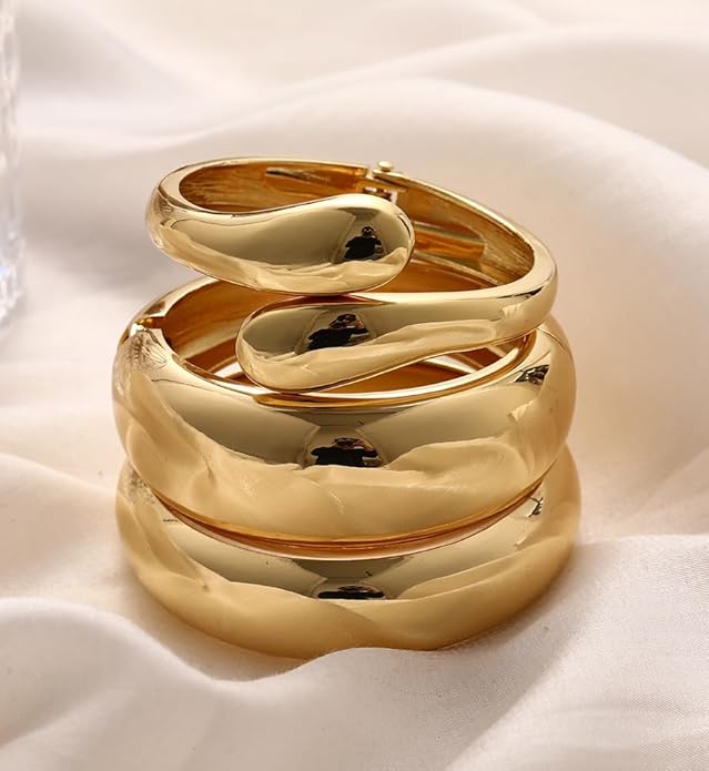 Chunky Gold Bangle Bracelets for Women, Dainty 14k Gold Plated Big Stackable Bangles Set, Trendy Statement Cuff Bracelet Stack Fashion Jewelry Christmas Gifts
