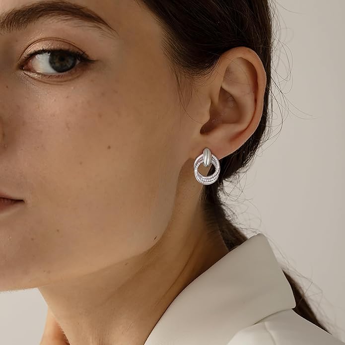 14K Gold Plated Chunky Clip On Earrings for Women 14k Gold Knot Link Clip Earrings Silver Rhinestone Hoop Clip On Earrings Jewelry for Women