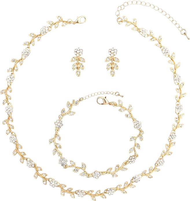 Austrian Crystal Rhinestone Choker Necklace Dangle Earring Link Bracelet Jewelry Set for Brides Bridesmaid Prom Costume Accessories for Women