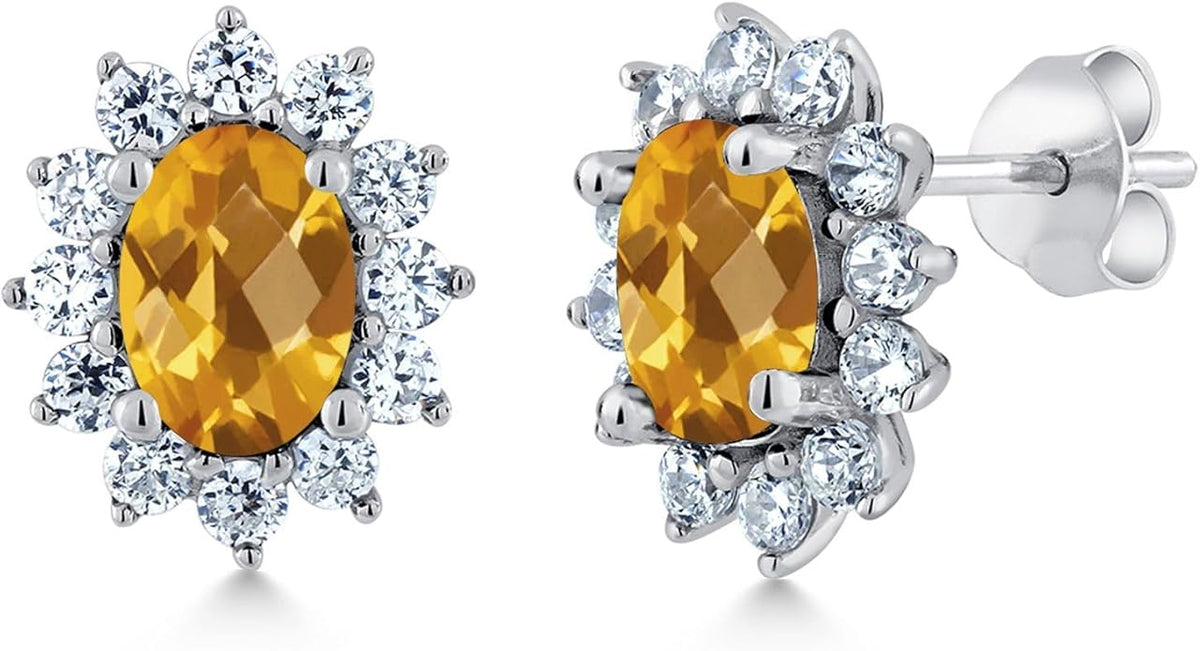 Gem Stone King 7X5MM Oval Gemstone Birthstone Stud Earrings For Women | Princess Diana Royal Halo Style | 925 Sterling Silver | Fine Jewelry Gifts for Anniversary Wedding Her Mom Women Wife