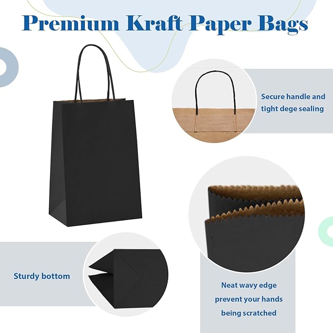 GSSUSA 5.25x3.75x8 50Pcs Black Gift Bags with Handles,Small Gift Bags Craft Bags for Small Business, Black Goodie Bag,Sturdy Kraft Paper Bag, Retail Shopping