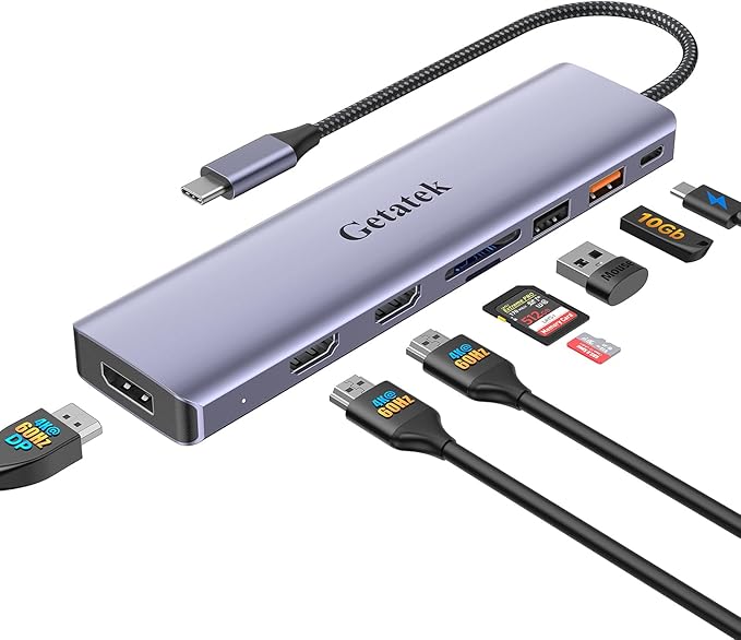 10Gbps USB C Hub, USB-C Laptop Docking Station, 8in1 Triple Display Docking Station for Dell Hp Lenovo Surface Windows (Dual HDMI+ DisplayPort + PD3.0 100W +SD TF Card Reader +10GB USB Port)