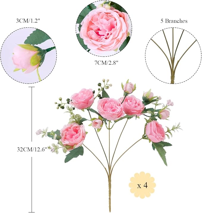 Floweroyal 4 Bunches Peony Artificial Flowers Pink Flowers Silk Peonies Bouquets for Wedding Party Table Centerpieces Floral Arrangement Home Kitchen Decor.