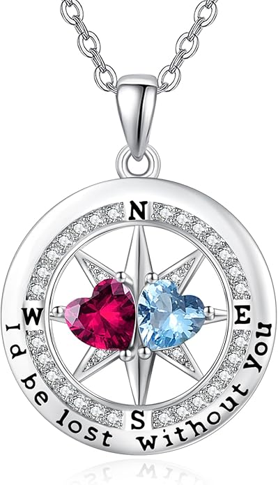 Compass Necklace for Women, Exquisite S925 Valentines Day Anniversary Birthday Gifts for Wife Her Double Birthstone Pendant Jewelry ‘I'd be Lost Without You’