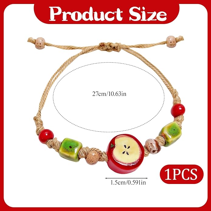 Handmade Ceramic Apple Charm Bracelet, Woven Rope String Wristband with Red Fruit Porcelain Beads, Adjustable Artisan Jewelry for Women, Nature-Inspired Accessory, Unique Teacher Appreciation Gifts