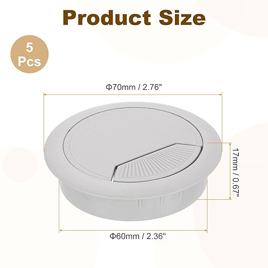 uxcell 5 Pcs 60mm (2.36 Inch) Desk Grommet, Plastic Cable Hole Cover, Wire Cord Cable Organizer for Home Office Computer Desk Cabinet, Gray