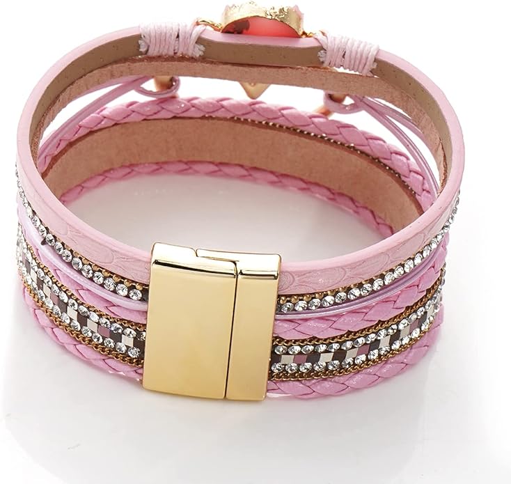 Suyi Multilayer Leather Wrap Bracelet Heart-Shape Wide Cuff Bracelets for Women