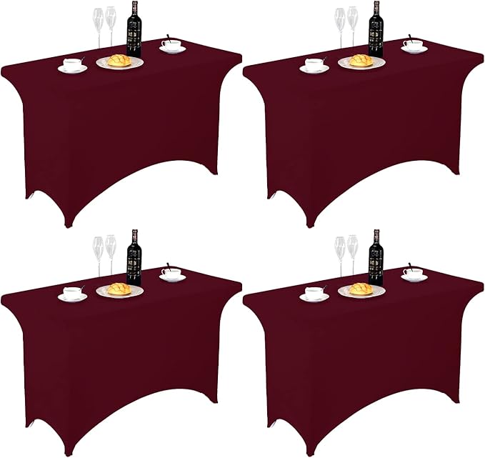 FORLIFE 4Pack Spandex Table Covers，Fitted Tablecloth for Rectangular Tables, Stretch Patio Table Covers, Universal Spandex Table Cover for Wedding, Banquet, Party (4ft, Burgundy)
