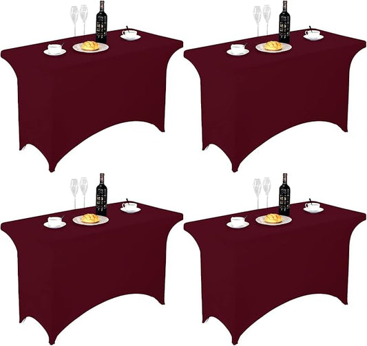 FORLIFE 4Pack Spandex Table Covers，Fitted Tablecloth for Rectangular Tables, Stretch Patio Table Covers, Universal Spandex Table Cover for Wedding, Banquet, Party (4ft, Burgundy)