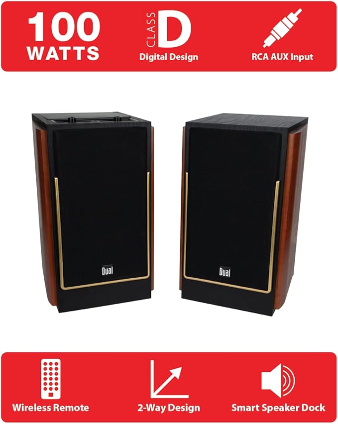 Dual Electronics LUHSL20B Cherrywood and Black 2-Way Bookshelf Speakers with Bluetooth | Home Stereo, PC | Loud & Deep Rich Bass | Wireless Remote Control | Smart Speaker Dock | Sold in Pairs
