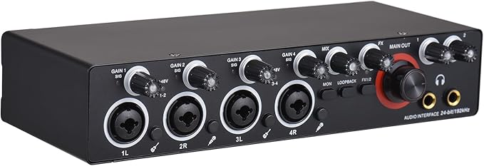 4 Channels Sound Card Computer Audio Interface, 4-in 4-out for Professional Recording of Live Streaming Karaoke, Driver Free USB Audio Interface