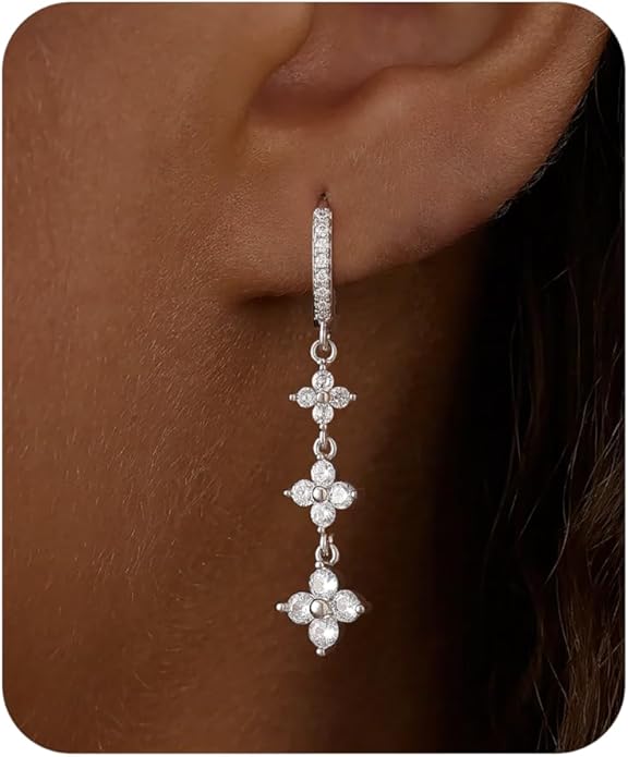 Dangle Earrings For Women Trendy 14K Gold Plated Drop Silver Long Dangling Dainty CZ Simple Hanging Jewelry