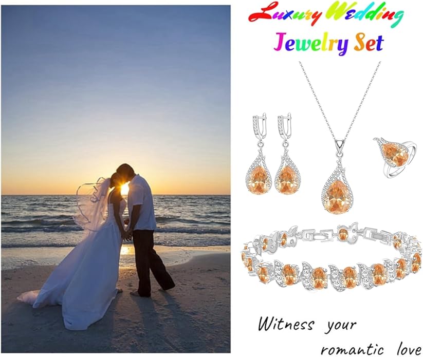 LMXXVJ Jewelry Set for Women,Teardrop Cubic Zirconia Necklace Earrings Adjustable Ring Bracelet Jewelry Set Formal Jewelry Gift