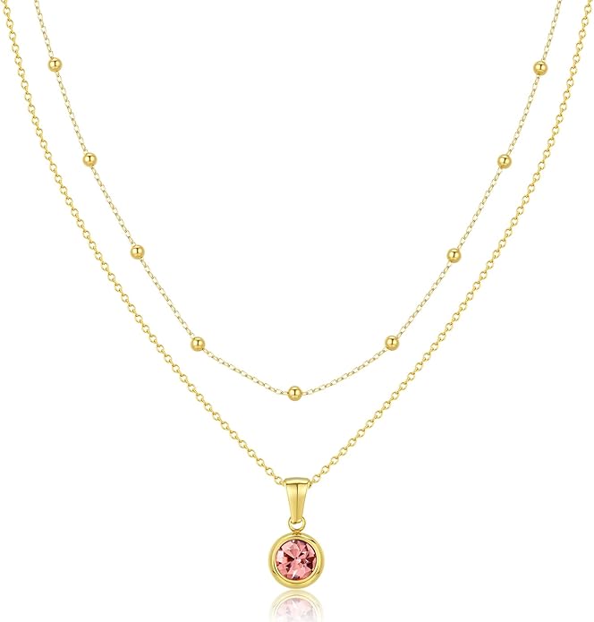 14K Gold-Plated Women's Double-Layer Birthstone Necklace Delicate Round Birthstone Pendant with a Simple Necklace, a Birthday Gift for Women Teenage Girls