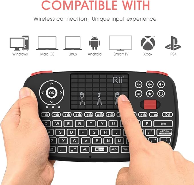 Rii (Upgrade) i4 Mini Bluetooth Keyboard with Touchpad, Blacklit Portable Wireless Keyboard with 2.4G USB Dongle for Smartphones, PC, Tablet, Laptop TV Box iOS Android Windows Mac.Black