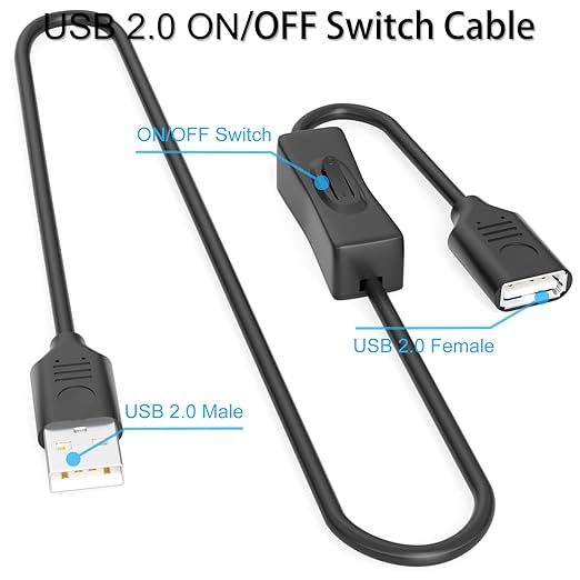 USB On/Off Switch Cable 3.3FT 2-Pack,2A Charging 480Mbps Data,Type-A 2.0 Power Extension Cord with ON/OFF for PC Computer,Laptop,TV,Car,PS4/PS5/Xbox,USB Fan LED Keyboard Mouse Flash Drive Raspberry Pi
